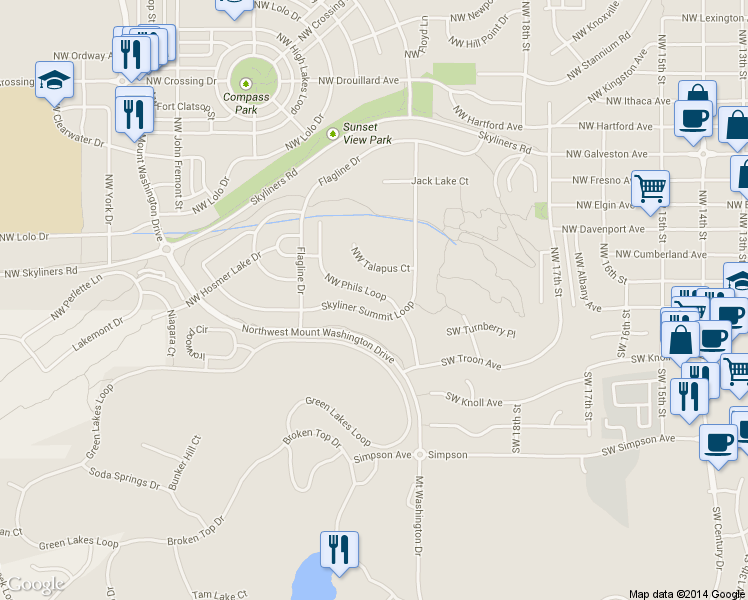 map of restaurants, bars, coffee shops, grocery stores, and more near 108 Northwest Phils Loop in Bend