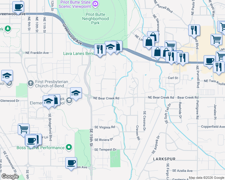 map of restaurants, bars, coffee shops, grocery stores, and more near 191 NE Alpenview Ln in Bend