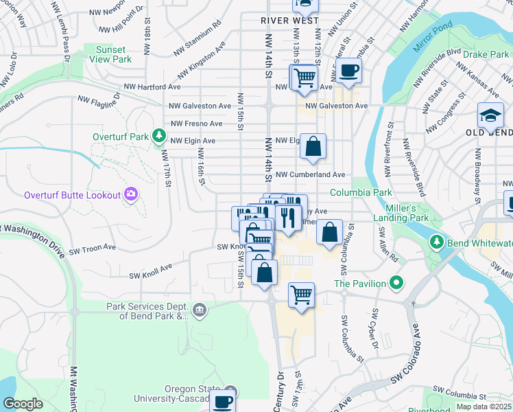 map of restaurants, bars, coffee shops, grocery stores, and more near 1436 Northwest Albany Avenue in Bend