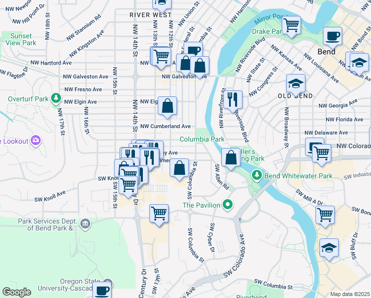 map of restaurants, bars, coffee shops, grocery stores, and more near 1034 Northwest Albany Avenue in Bend