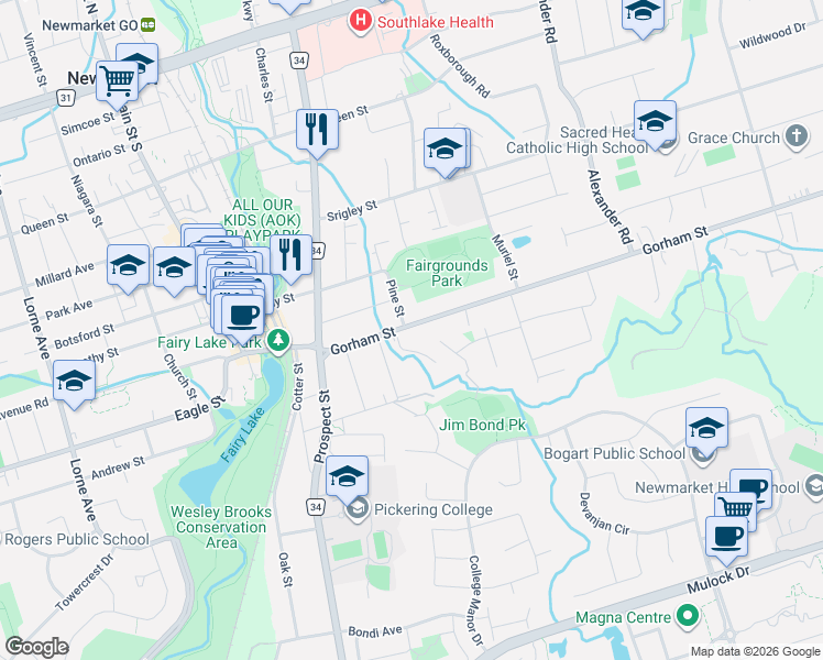 map of restaurants, bars, coffee shops, grocery stores, and more near 276 Sheridan Court in Newmarket