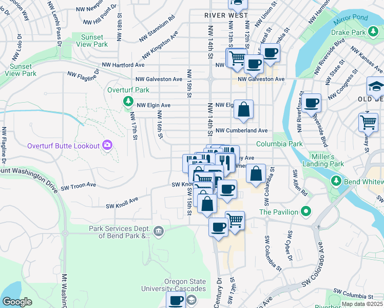 map of restaurants, bars, coffee shops, grocery stores, and more near 1460 Northwest Albany Avenue in Bend