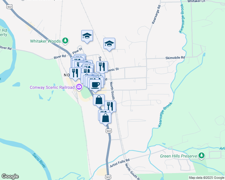 map of restaurants, bars, coffee shops, grocery stores, and more near 193 Seavey Street in Conway