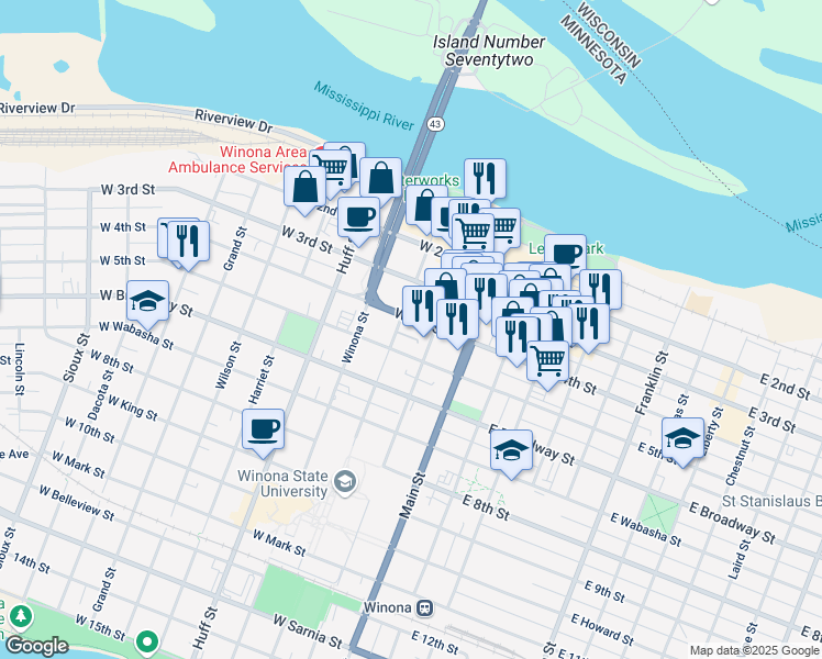 map of restaurants, bars, coffee shops, grocery stores, and more near 218 Washington Street in Winona