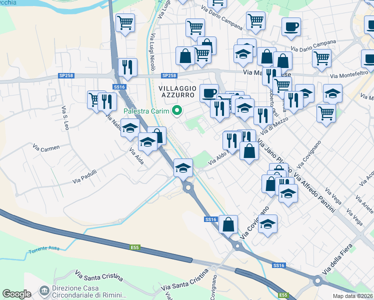 map of restaurants, bars, coffee shops, grocery stores, and more near 1 Via Aldo Moro in Rimini