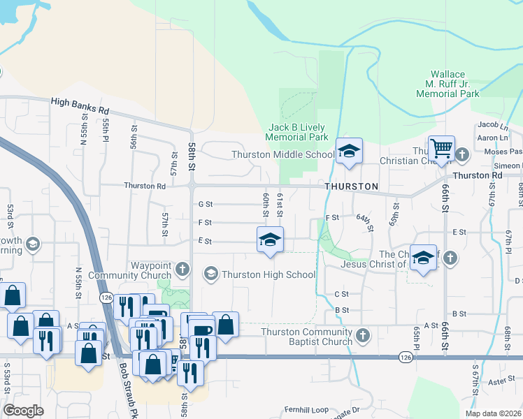 map of restaurants, bars, coffee shops, grocery stores, and more near 5995 G Street in Springfield
