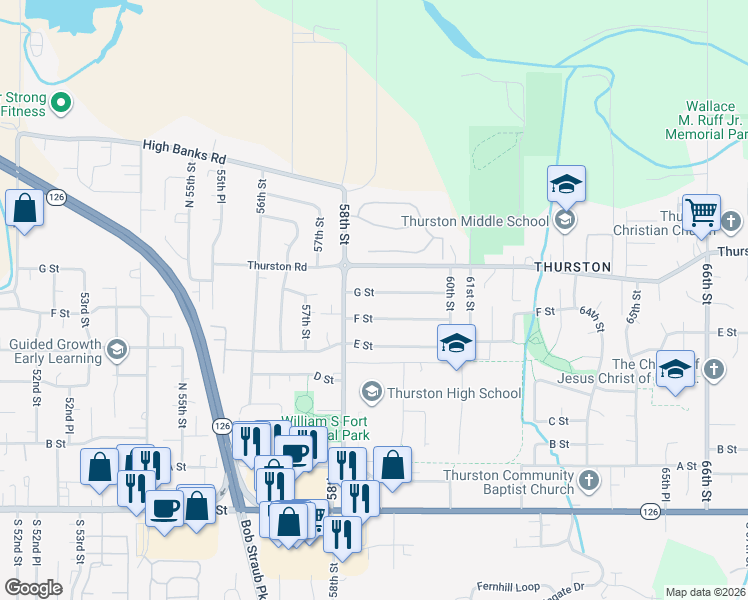 map of restaurants, bars, coffee shops, grocery stores, and more near 5869 G St in Springfield