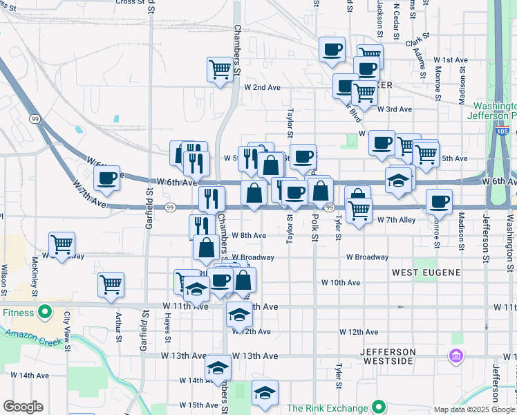 map of restaurants, bars, coffee shops, grocery stores, and more near 1510 Oregon 99 in Eugene
