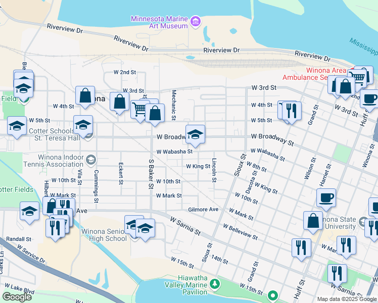 map of restaurants, bars, coffee shops, grocery stores, and more near 753 West Wabasha Street in Winona