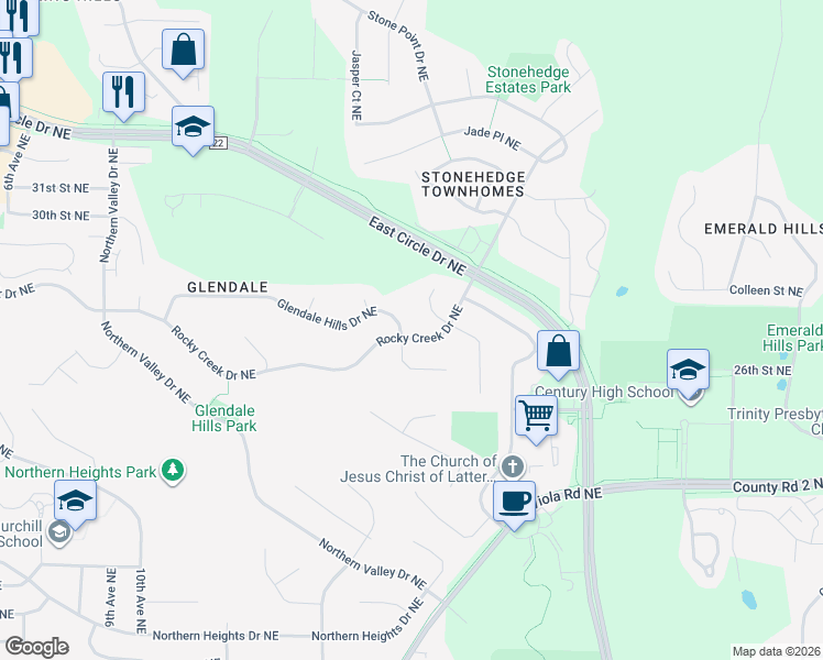 map of restaurants, bars, coffee shops, grocery stores, and more near 2033 Glendale Hills Drive Northeast in Rochester