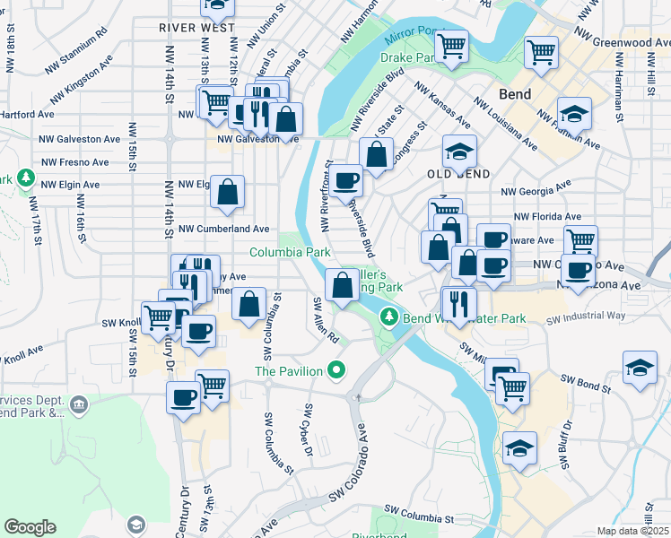 map of restaurants, bars, coffee shops, grocery stores, and more near 105 Northwest Riverfront Street in Bend