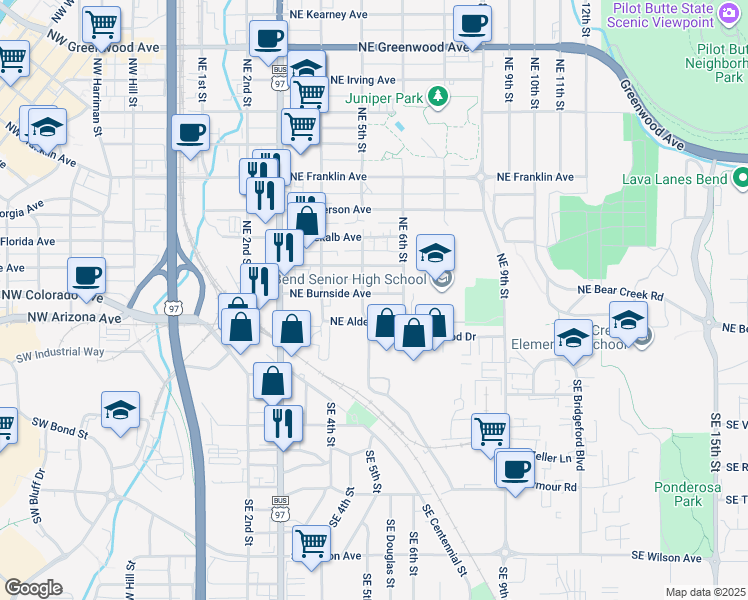 map of restaurants, bars, coffee shops, grocery stores, and more near 505 Northeast Burnside Avenue in Bend