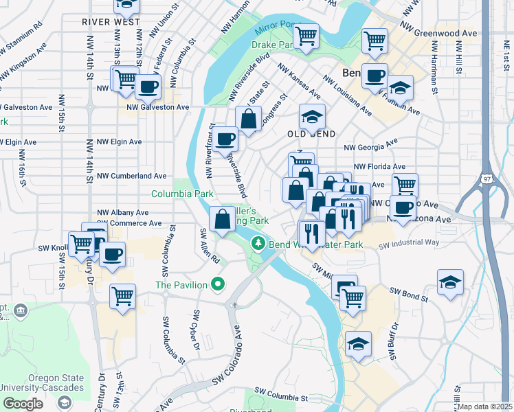map of restaurants, bars, coffee shops, grocery stores, and more near 98 Northwest Riverside Boulevard in Bend