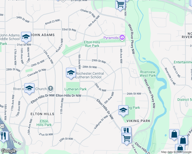 map of restaurants, bars, coffee shops, grocery stores, and more near 616 27th Street Northwest in Rochester