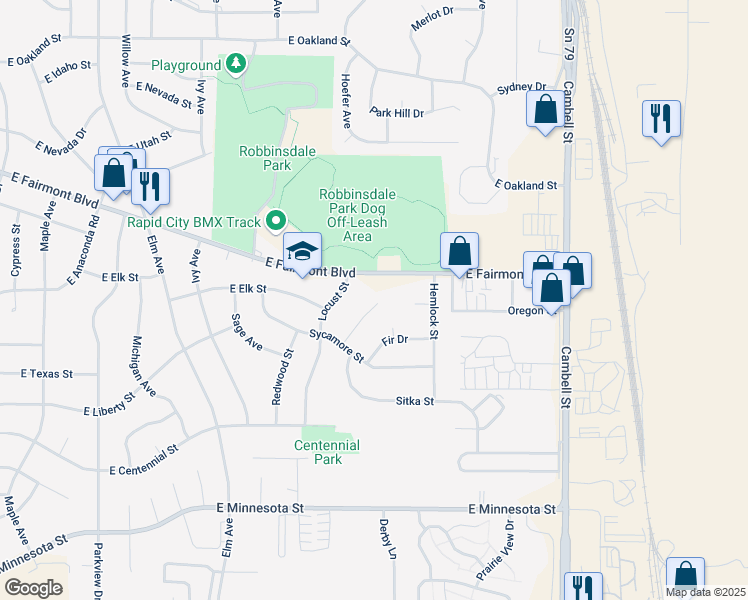 map of restaurants, bars, coffee shops, grocery stores, and more near 3300 Palm Drive in Rapid City