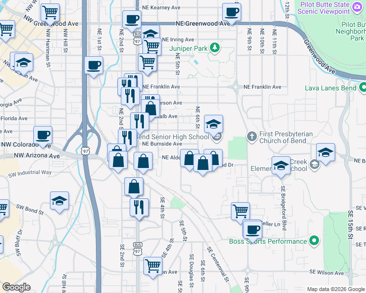map of restaurants, bars, coffee shops, grocery stores, and more near 505 Northeast Burnside Avenue in Bend