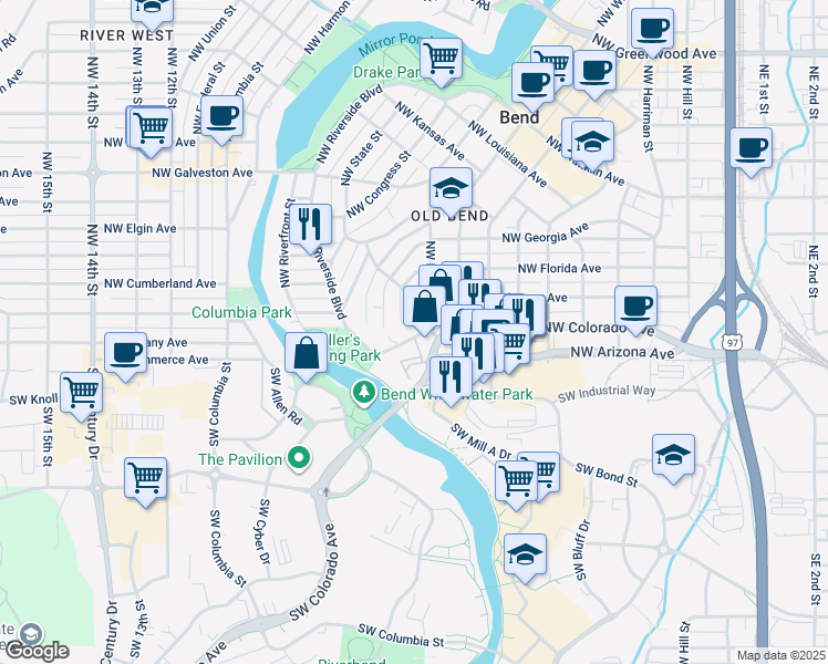 map of restaurants, bars, coffee shops, grocery stores, and more near 99 Northwest Adams Place in Bend