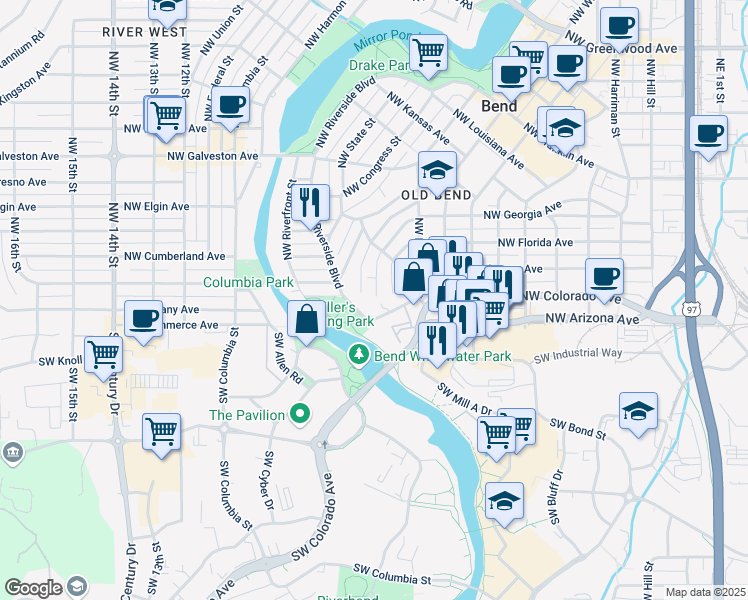 map of restaurants, bars, coffee shops, grocery stores, and more near 99 Northwest Adams Place in Bend