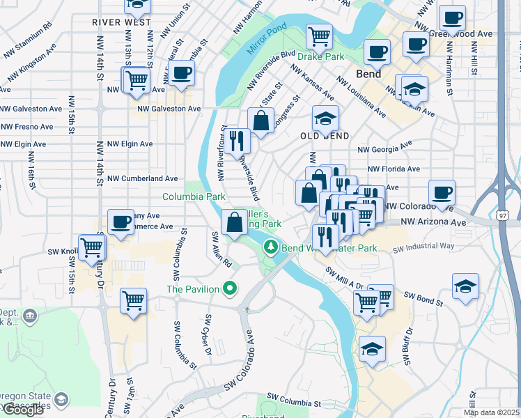 map of restaurants, bars, coffee shops, grocery stores, and more near 98 Northwest Riverside Boulevard in Bend