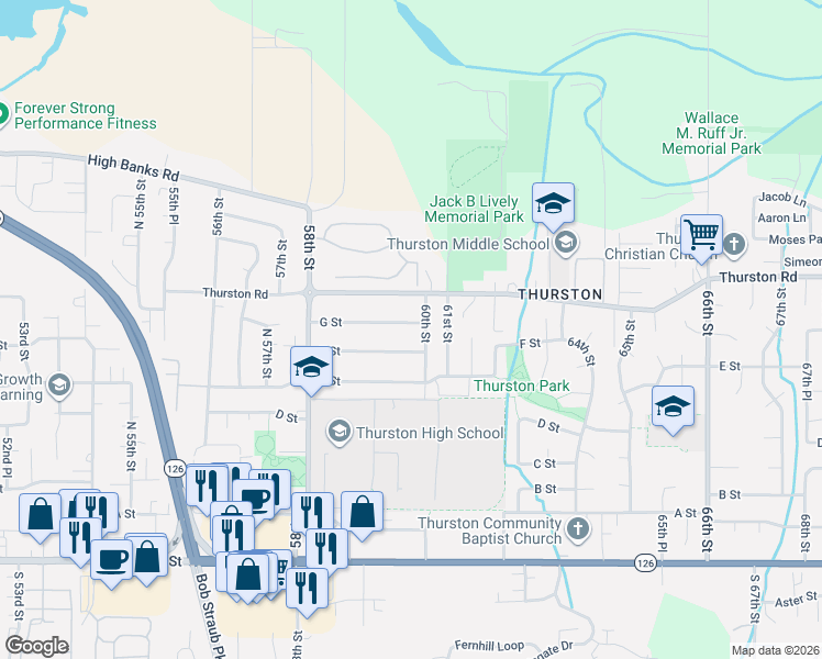 map of restaurants, bars, coffee shops, grocery stores, and more near 5995 G Street in Springfield