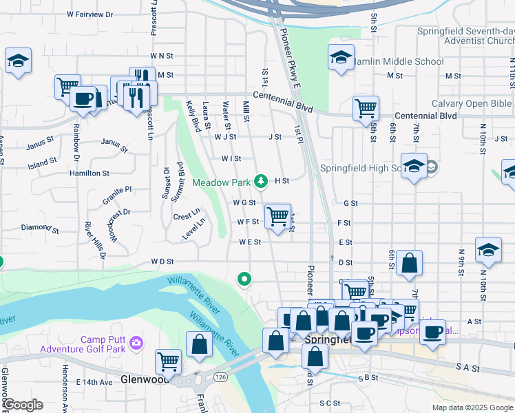 map of restaurants, bars, coffee shops, grocery stores, and more near 767 Water Street in Springfield