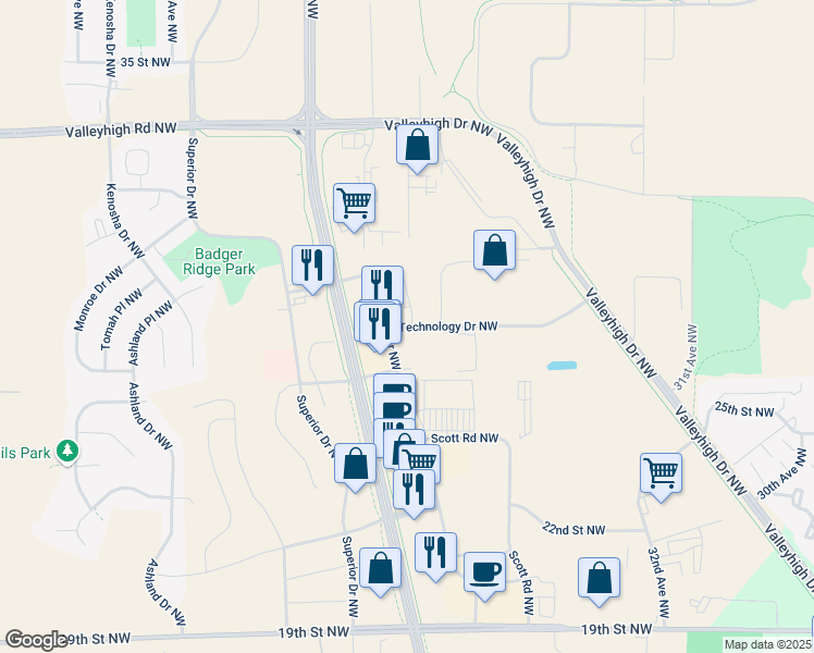 map of restaurants, bars, coffee shops, grocery stores, and more near 2712 Commerce Drive Northwest in Rochester