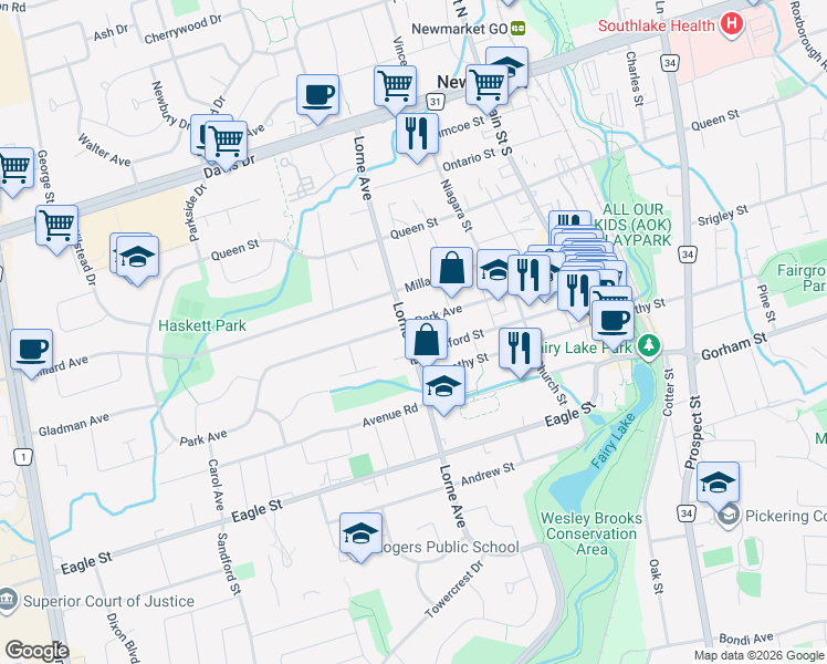 map of restaurants, bars, coffee shops, grocery stores, and more near 171 Lorne Avenue in Newmarket