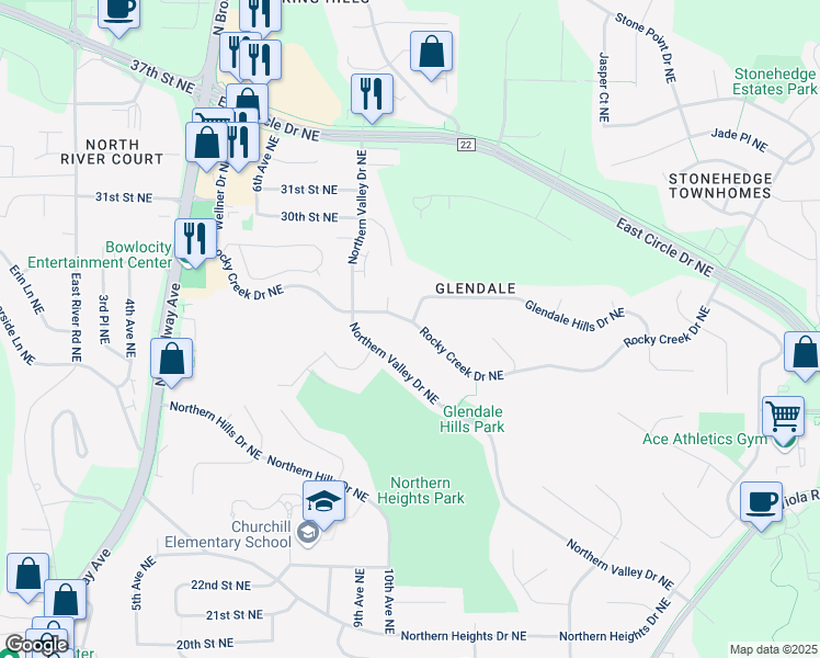 map of restaurants, bars, coffee shops, grocery stores, and more near 1000 Rocky Creek Drive Northeast in Rochester