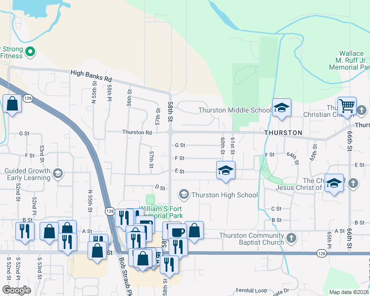 map of restaurants, bars, coffee shops, grocery stores, and more near 5869 G Street in Springfield