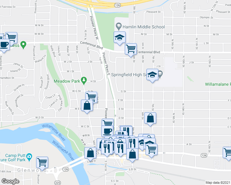 map of restaurants, bars, coffee shops, grocery stores, and more near 802 3rd Place in Springfield