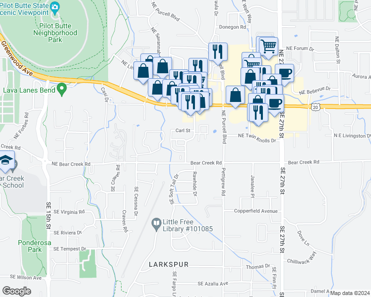map of restaurants, bars, coffee shops, grocery stores, and more near 62021 Dean Swift Road in Bend