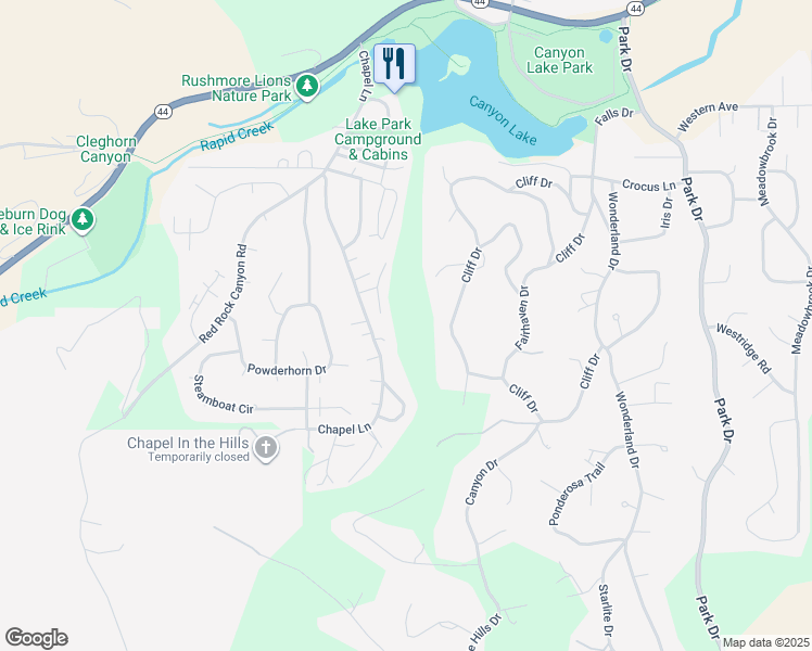 map of restaurants, bars, coffee shops, grocery stores, and more near 3500 Chapel Lane in Rapid City