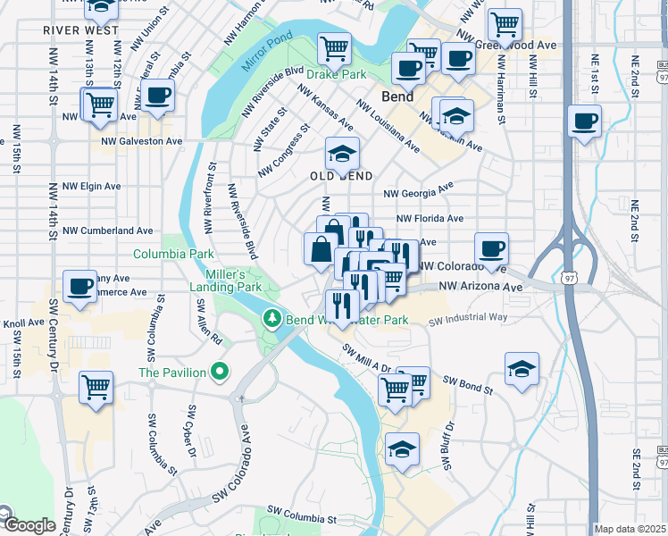map of restaurants, bars, coffee shops, grocery stores, and more near 80 Northwest Broadway Street in Bend