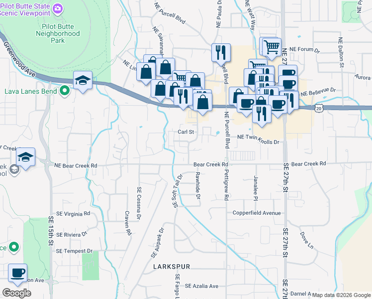 map of restaurants, bars, coffee shops, grocery stores, and more near 61976 Northeast Nate's Place in Bend