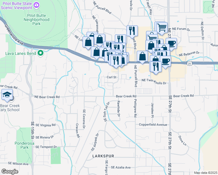 map of restaurants, bars, coffee shops, grocery stores, and more near 61992 Northeast Nate's Place in Bend