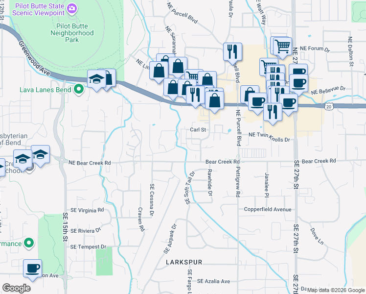 map of restaurants, bars, coffee shops, grocery stores, and more near 62013 Northeast Nate's Place in Bend