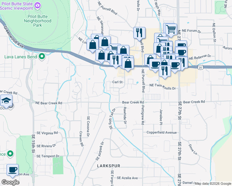 map of restaurants, bars, coffee shops, grocery stores, and more near 61984 Northeast Nate's Place in Bend