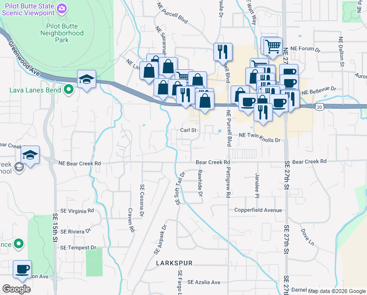 map of restaurants, bars, coffee shops, grocery stores, and more near 61992 Northeast Nate's Place in Bend