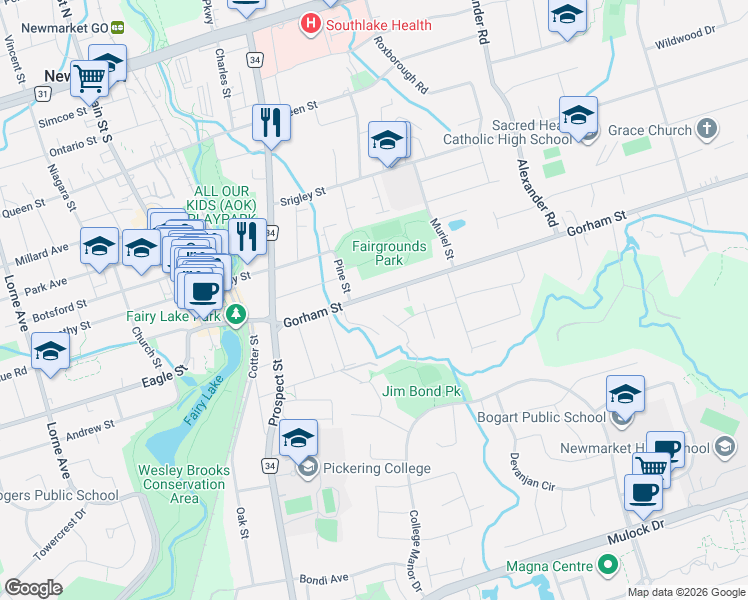map of restaurants, bars, coffee shops, grocery stores, and more near 276 Sheridan Court in Newmarket