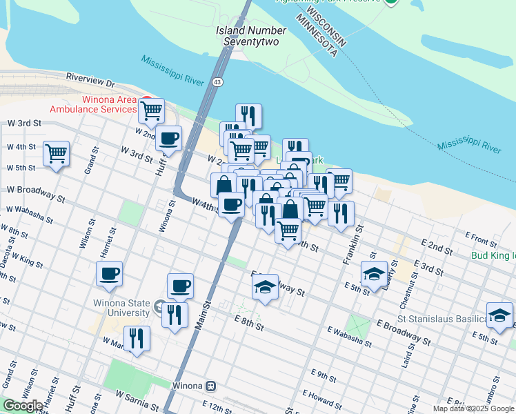 map of restaurants, bars, coffee shops, grocery stores, and more near 63 West 3rd Street in Winona