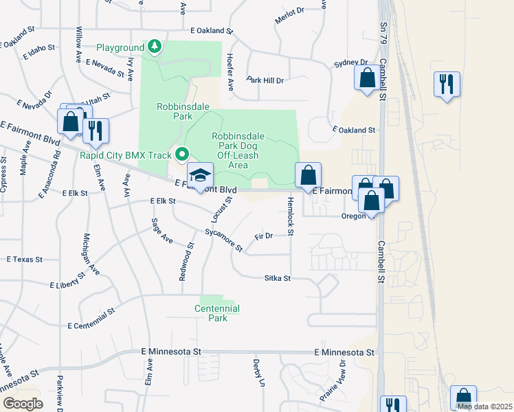 map of restaurants, bars, coffee shops, grocery stores, and more near 3300 Palm Drive in Rapid City