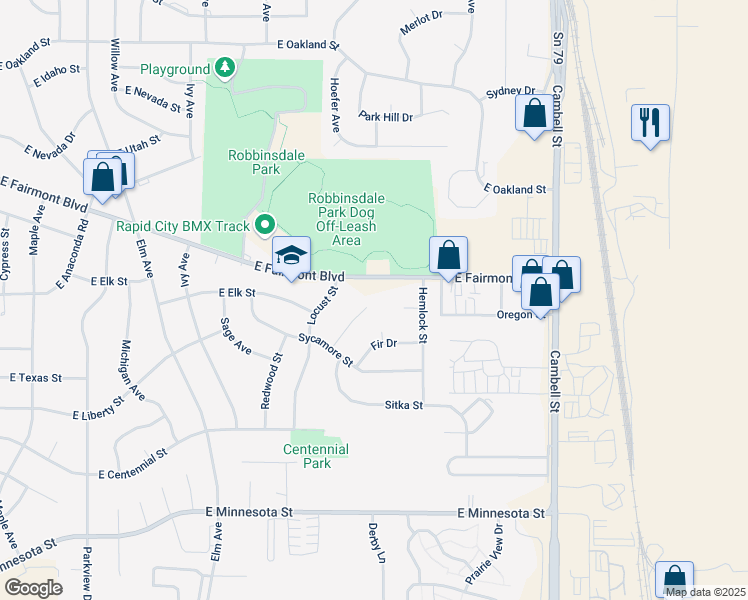map of restaurants, bars, coffee shops, grocery stores, and more near 3300 Palm Drive in Rapid City