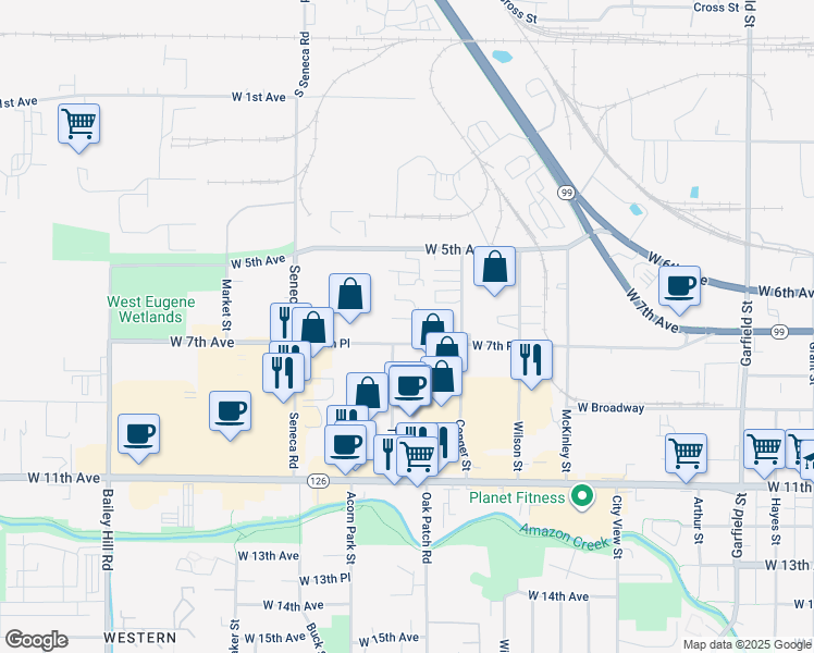 map of restaurants, bars, coffee shops, grocery stores, and more near 2635 W 7th Pl in Eugene