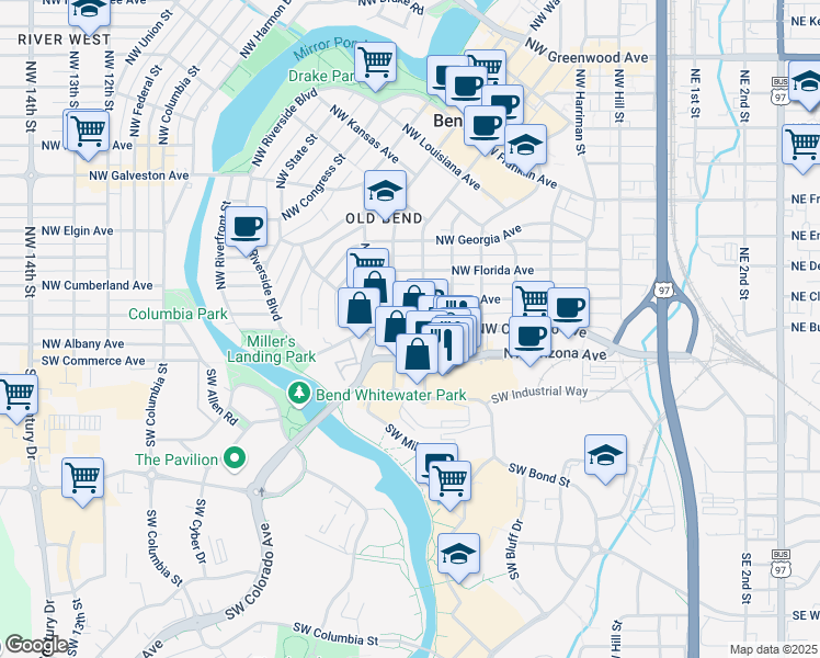 map of restaurants, bars, coffee shops, grocery stores, and more near 725 Northwest Colorado Avenue in Bend