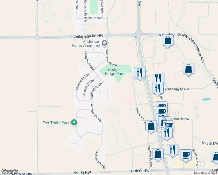 map of restaurants, bars, coffee shops, grocery stores, and more near 2741 Kenosha Lane Northwest in Rochester