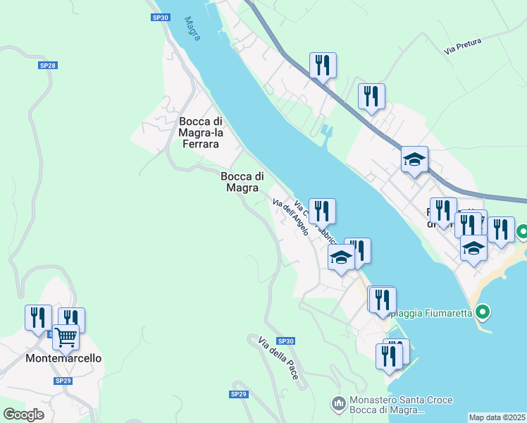 map of restaurants, bars, coffee shops, grocery stores, and more near 52 Via della Pace in Provincia della Spezia