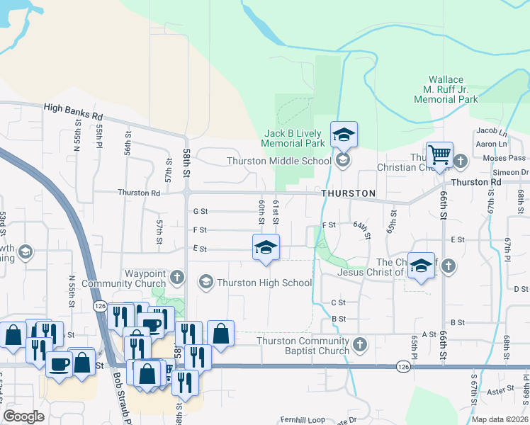 map of restaurants, bars, coffee shops, grocery stores, and more near 5995 G Street in Springfield