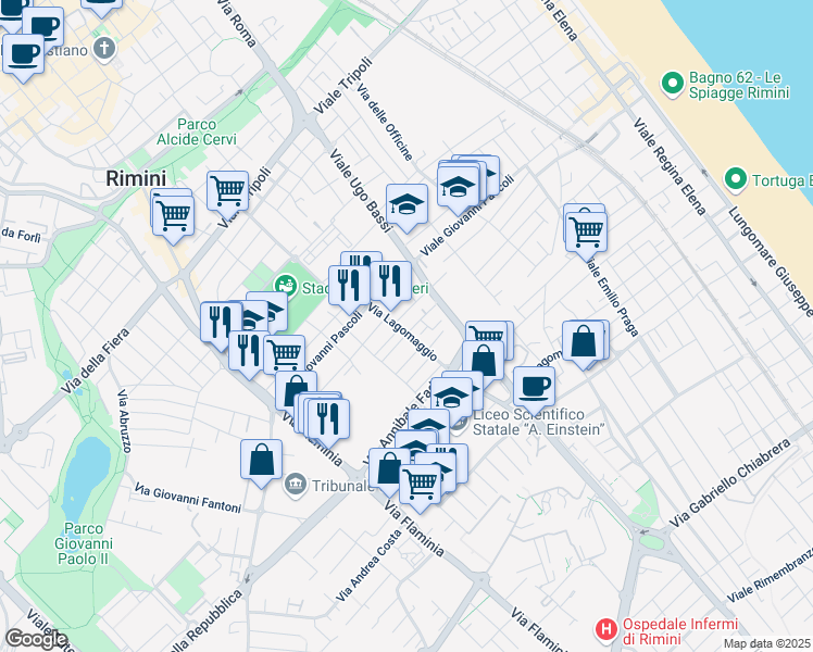 map of restaurants, bars, coffee shops, grocery stores, and more near 1 Via Ippolito Nievo in Rimini