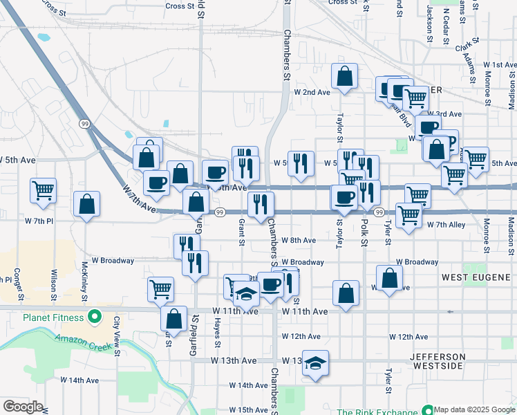 map of restaurants, bars, coffee shops, grocery stores, and more near 1702 West 7th Avenue in Eugene