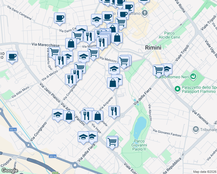 map of restaurants, bars, coffee shops, grocery stores, and more near 46 Via del Cigno in Rimini